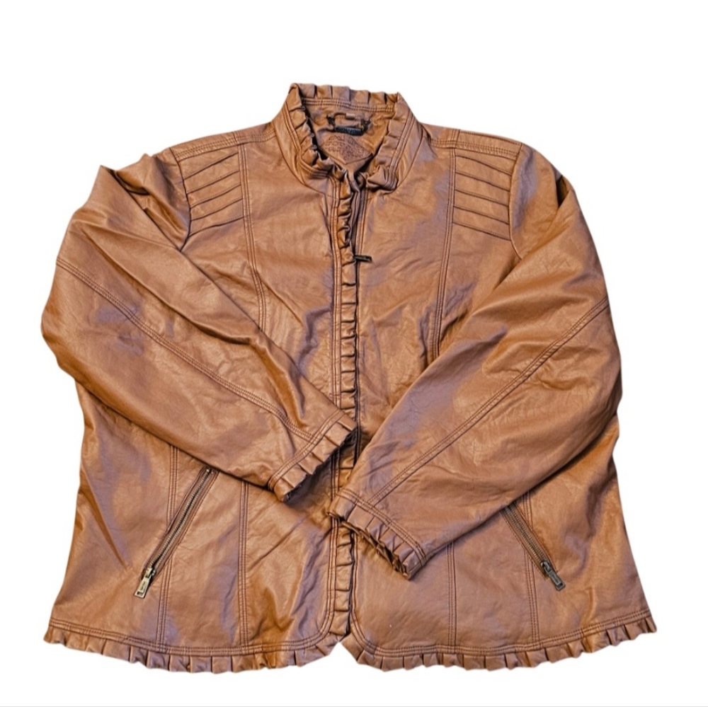 Joujou Vegan Leather Gathered Lined Coat Jacket Brown 3X